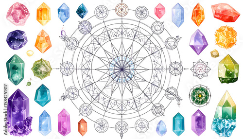 Colorful Watercolor Crystals and Mandala Design