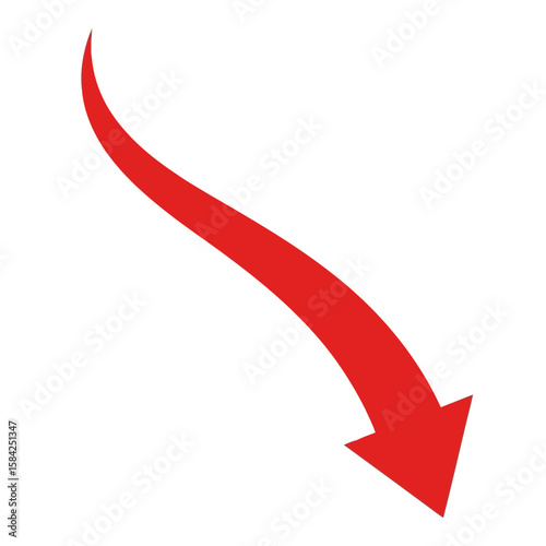 A red arrow curving downwards isolated on white background indicates decline and negative direction