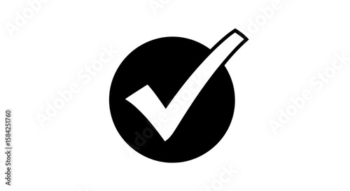 A black circle with a white check mark indicates approval and validation isolated on white background