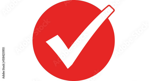 A white check mark inside a red circle signifies approval and validation, isolated on white background