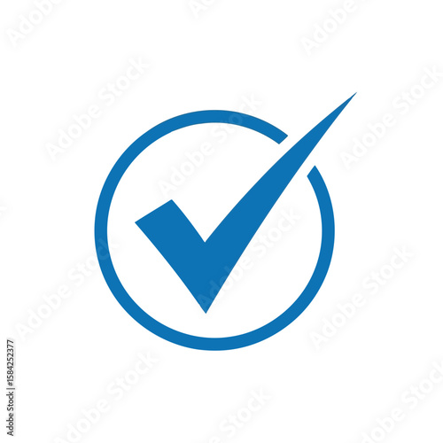 A blue check mark inside a circle signifies approval and correctness, isolated on white background
