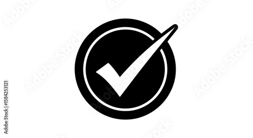 A white check mark inside a black circle, symbolizing approval and confirmation, isolated on white background