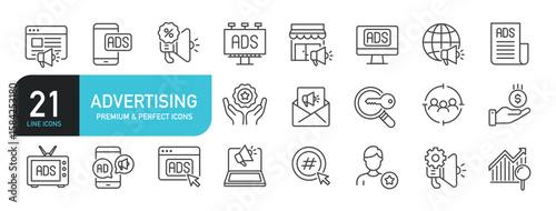 Set of line icons related to advertising, adsense, marketing. Outline icons collection. Editable stroke. Vector illustration