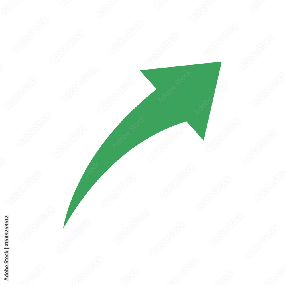 A green curved arrow points upwards, indicating growth and progress, isolated on white background A green curved arrow points upwards, indicating growth and progress, isolated on white background