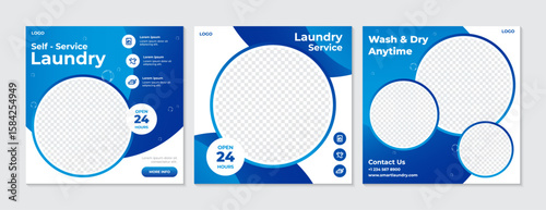 Modern Laundry Service Social Media Post Template. High quality vector design featuring self-service laundry and 24 hour open concept