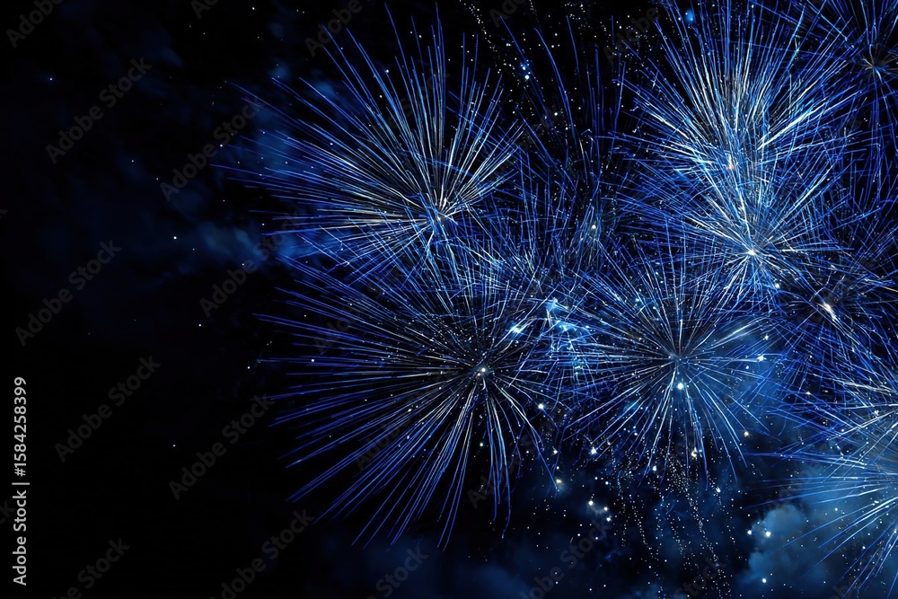 Fototapeta premium Colorful fireworks burst in the night sky, creating a vibrant display of blue and white lights against a dark background. The scene captures the excitement of celebrations.