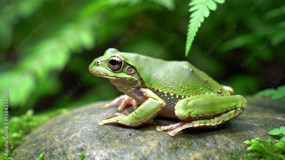 Vibrant Green Frog on Mossy Rock Surrounded by Ferns in Lush Forest Wildlife Sanctuary Vibrant Green Frog on Mossy Rock Surrounded by Ferns in Lush Forest Wildlife Sanctuary