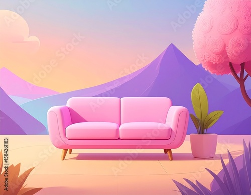 A whimsical illustration of a pink sofa in a dreamy, pastel landscape, featuring mountains and a potted plant.
