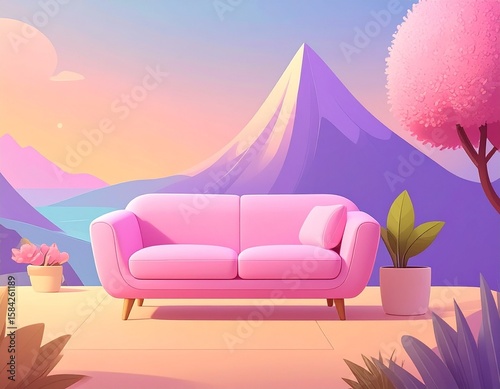 A pink sofa sits on a patio with a mountain backdrop, plants, and a vibrant sky.
