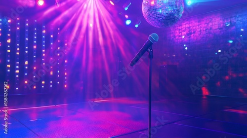 Empty stage with microphone disco ball and vibrant lights in a club ready for a performance