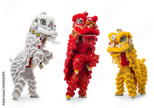 Lion Dance Spectacle: Three vibrant lion dance costumes, each representing a distinct color and design, stand poised in anticipation.