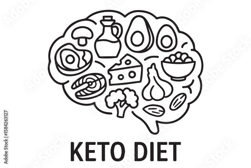 A vector keto diet concept, elegantly designed in black and white with a black outline, visually explained the low carb, high fat meal plan.