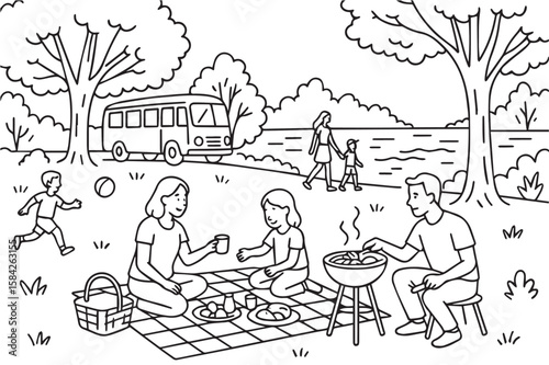 A vector concept of a family picnicking in the park, elegantly designed in black and white with a black outline, adorned the cheerful community event poster.

