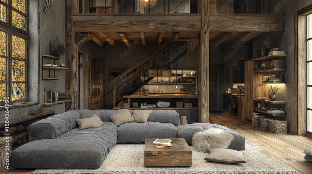 Fototapeta premium Cozy living room with large gray sectional sofa wooden floor and rustic interior design featuring warm lighting and natural textures creating comfortable atmosphere