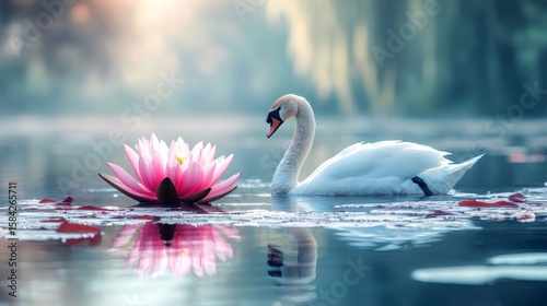 Fototapeta Naklejka Na Ścianę i Meble -  Water lily and swan on a beautiful calm lake