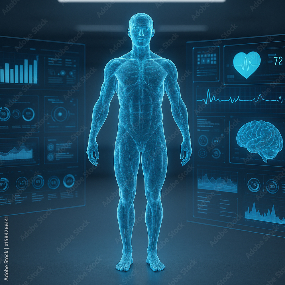 AI generated digital rendering of full body human hologram in sci fi medical room with floating health data screens and biometric analysis interface AI generated digital rendering of full body human hologram in sci fi medical room with floating health data screens and biometric analysis interface