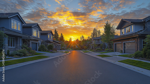 Sunset over quiet residential cul de sac street with modern houses, green lawns, and trees under colorful cloudy sky creating peaceful and warm atmosphere