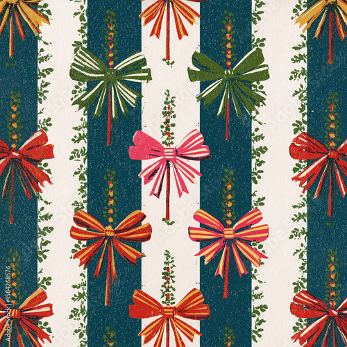 Colorful ribbon bows forming a festive and elegant seamless pattern on stripe...