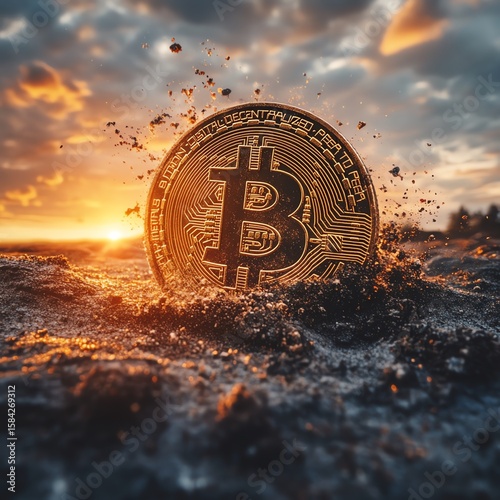 Digital currency revolution represented by Bitcoin coin emerging from textured landscape with a striking sunset background creating a striking visual narrative of futuristic financ