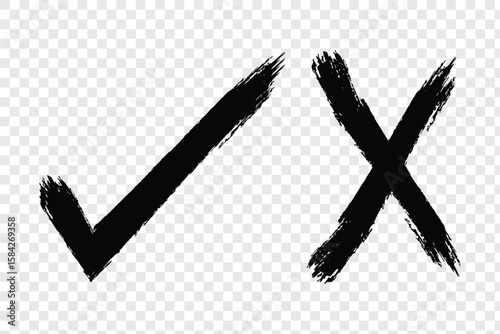 Check tick mark icon set. check mark, tick mark, and cross brush sign red checkmark and red X icons, buttons for vote, election choice decision, web in  brush marker style. eps 10