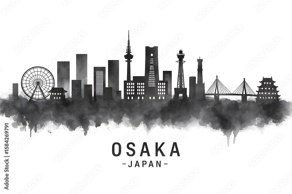 Fototapeta premium Osaka Japan Skyline BW, cityscape landscape watercolor painting print poster abstract splash illustration urban art modern downtown landmarks skyscrapers 