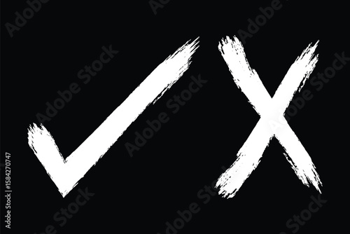 Check tick mark icon set. check mark, tick mark, and cross brush sign red checkmark and red X icons, buttons for vote, election choice decision, web in  brush marker style. eps 10