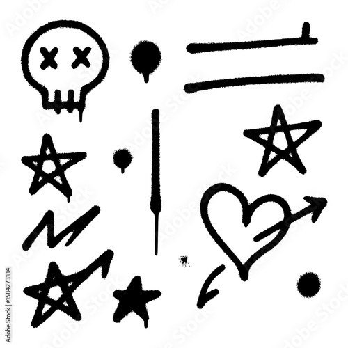 Black spray paint graffiti style symbols collection with skull, stars, and heart