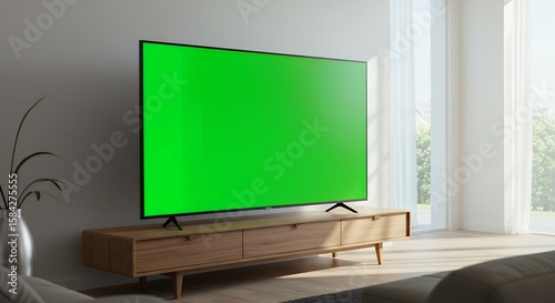 Modern TV with green screen display in bright minimalist living room for digital content mockup