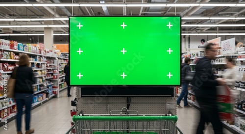 Large Green Screen Display in Supermarket Aisle with Shoppers and Shopping Cart for Mockup