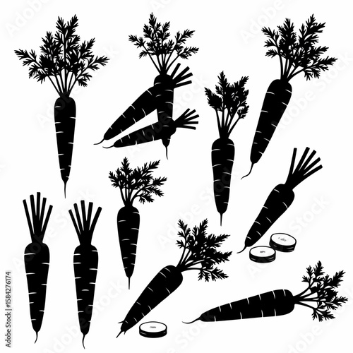 Collection of Black Carrot Silhouettes and Slices on White Background