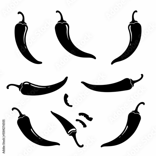 Collection of Spicy Chili Pepper Icons, Black Vector Illustration Set