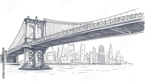 Hand-drawn sketch of the Brooklyn Bridge over New York City skyline.
