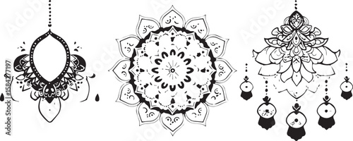 Black and white tattoo art with an elegant floral mandala pattern, ornate border, and abstract circular decoration