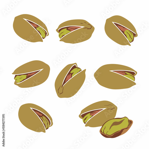 Graphic illustration of several pistachio nuts, some in open shells and one shelled, on a white background.