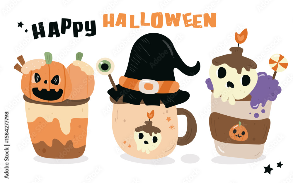 Naklejka premium halloween drink spooky card with witch hat skull and pumpkin