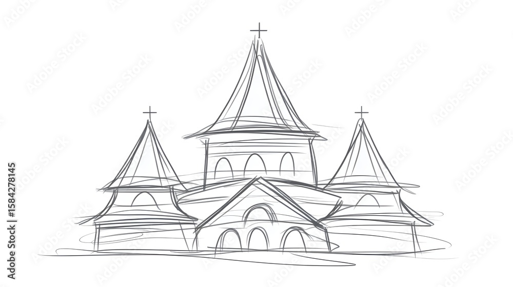 Naklejka premium Hand-drawn sketch of a church building.