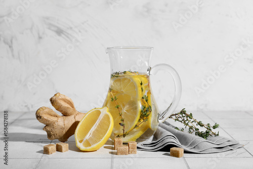 Photos Jug of fresh lemon infused water with ginger and thyme on white tile table