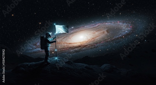 Astronaut conquering new worlds with a flag against the backdrop of a swirling galaxy exploration
