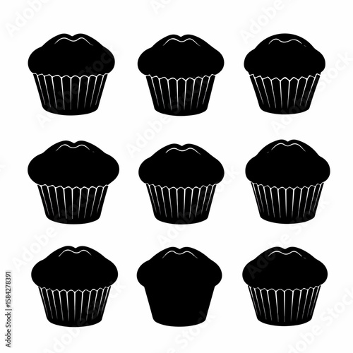Simple black muffin and cupcake silhouettes arranged in a repeating pattern on a clean white background, ideal for graphic design elements.