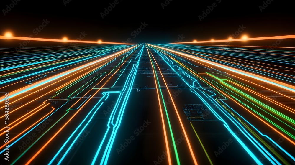 Fototapeta premium Neon light lines converging into a futuristic highway.