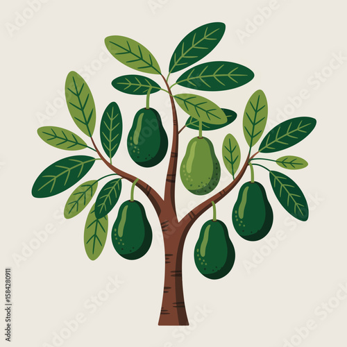 Cartoon Avocado Tree Illustration with Green Avocados and Leaves