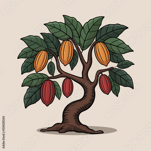 Cartoon Cacao Tree Illustration with Green Leaves and Ripe Orange and Red Cacao Pods