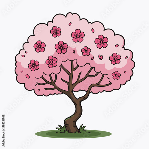 Cartoon cherry blossom tree with pink flowers and brown trunk on green grass 1
