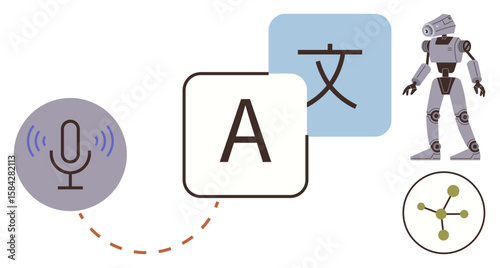 Microphone with sound waves, text blocks in multiple fonts, robot figure, and neural connection icon. Ideal for AI, voice recognition, translation technology, automation, robotics language learning