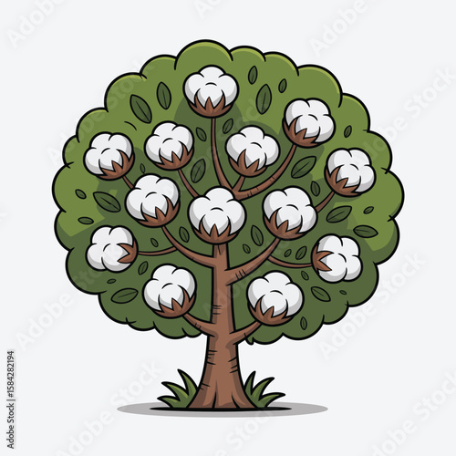 Cartoon cotton tree illustration with white cotton balls and green leaves on brown branches