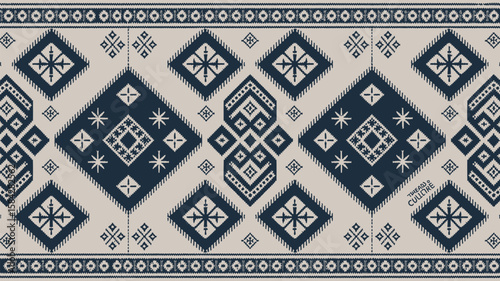 Ornamental textile featuring a geometric diamond pattern in navy and beige offering a sophisticated design element for various creative projects.