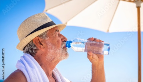 夏の海辺で水分補給をするシニア男性