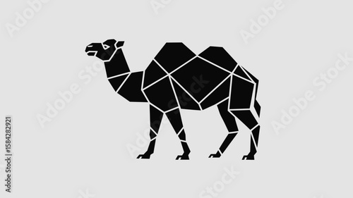Low poly art shows a geometric camel, an origami-style design, against a clean, white backdrop in this striking monochrome illustration.