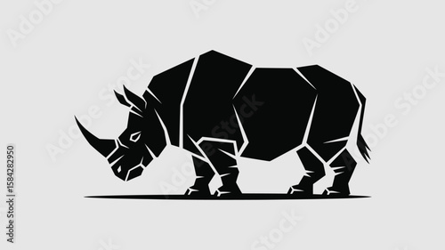 Bold black and white rhinoceros logo stands powerfully, portraying strength in a modern geometric style, suitable for animal and wildlife themes.