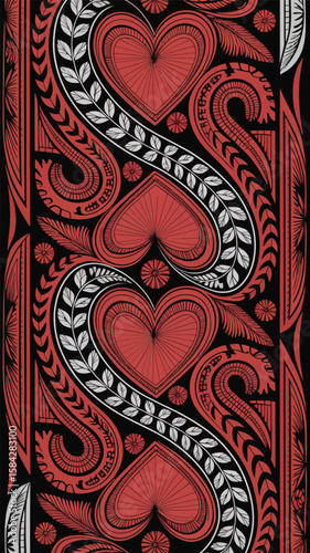 Detailed heart art featuring elegant leaf patterns in red, white, and black creates an intriguing ornamental graphic design.